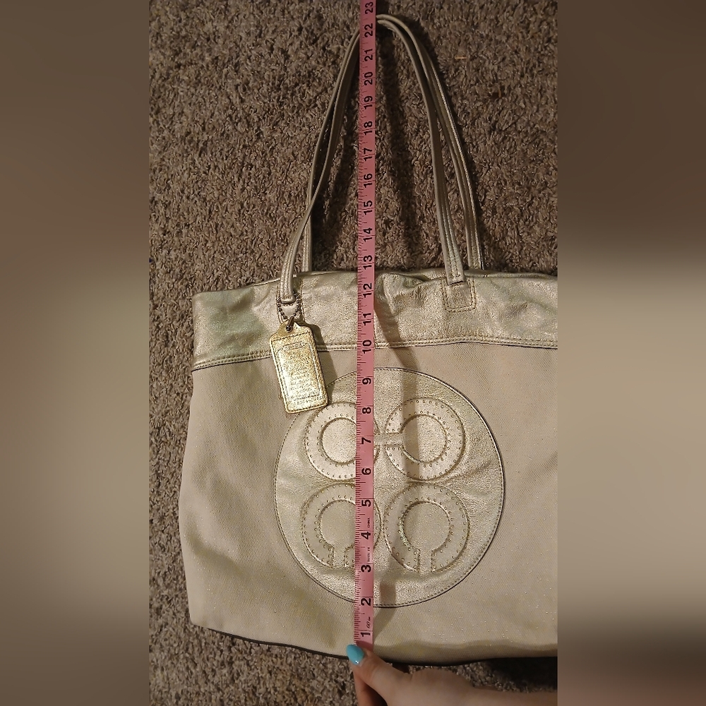 Coach Julia Perry Op Art Tote Ivory Shimmer Canvas Metallic Leather Bag EUC Rare - Picture 13 of 14